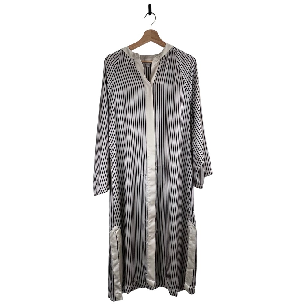 HM‎ Womens Striped Longline Kaftan Dress Black Cream Oversized Midi Medium Chic